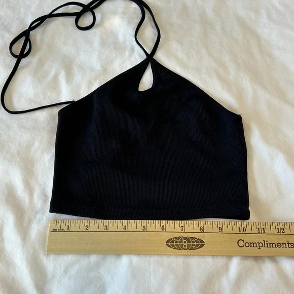 ZARA Black Ribbed Halter Neck Crop Top Tie Back Small whimsy goth - Picture 2 of 4